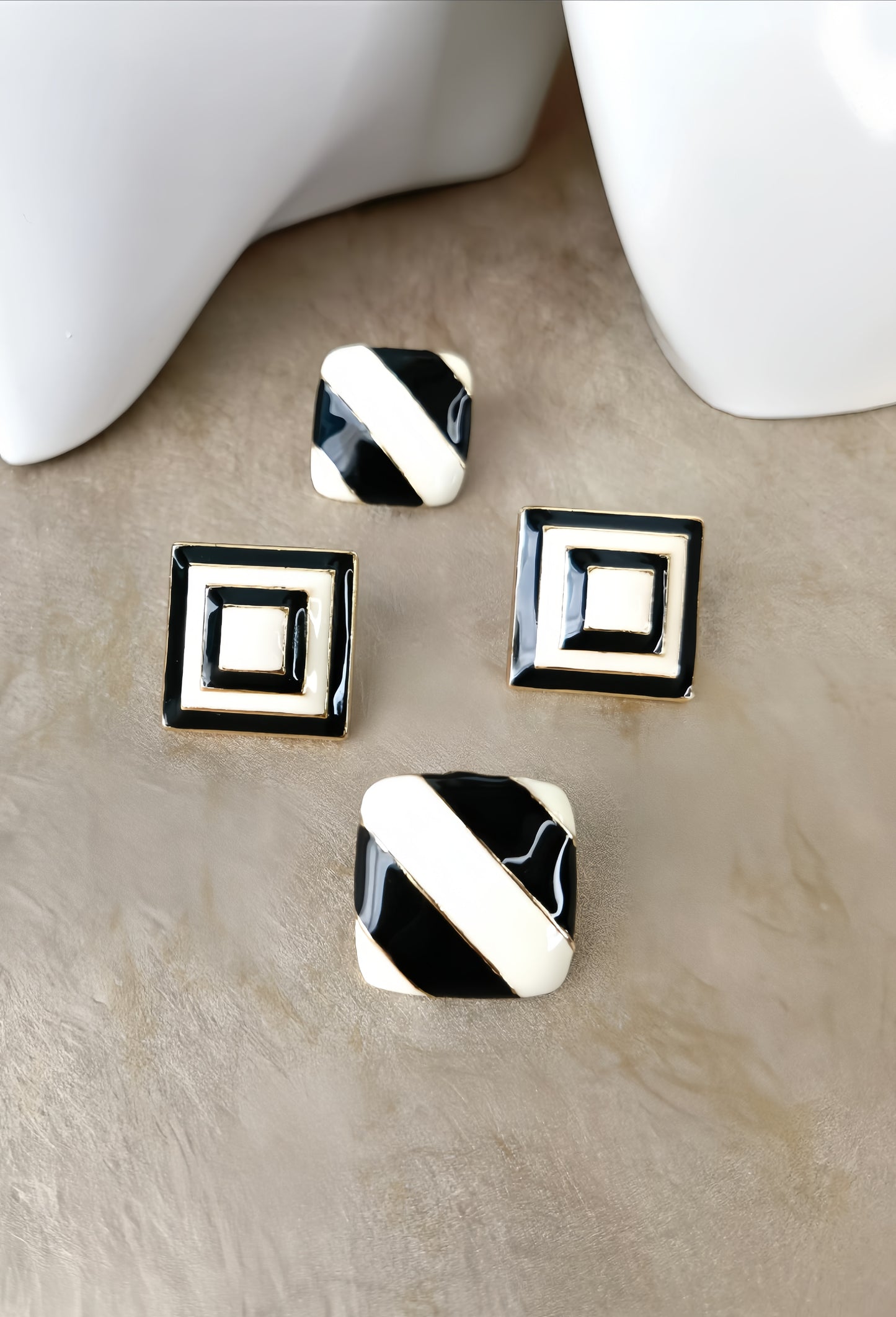 Black and Ivory Colored Enamel Earring (double loop design)