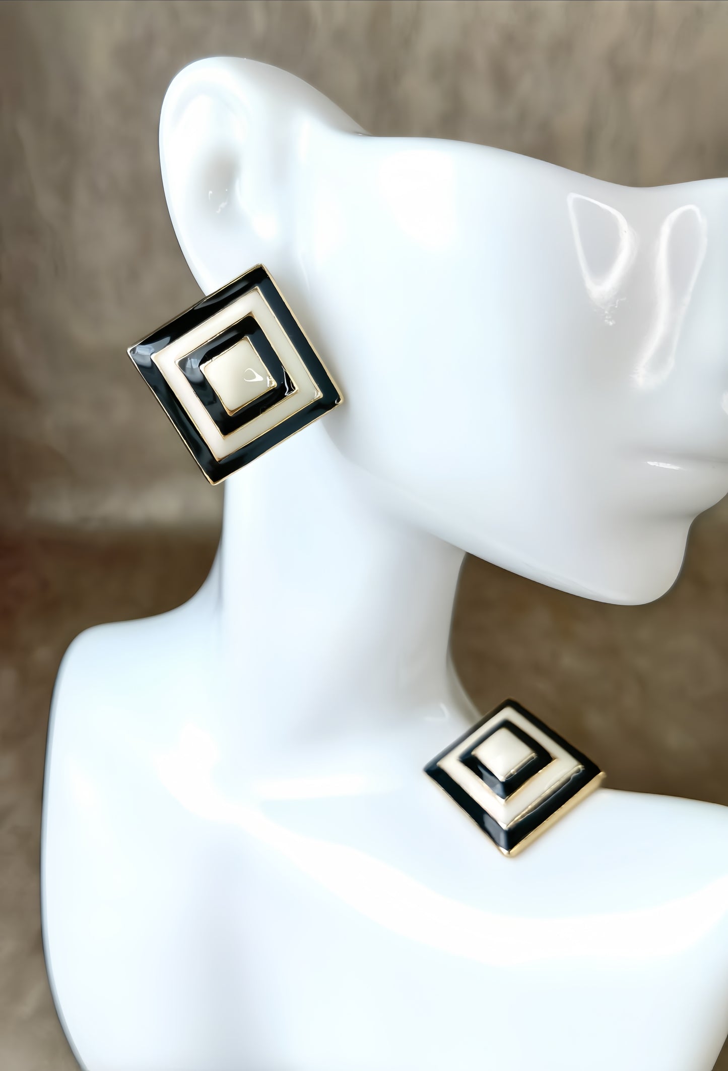 Black and Ivory Colored Enamel Earring (double loop design)