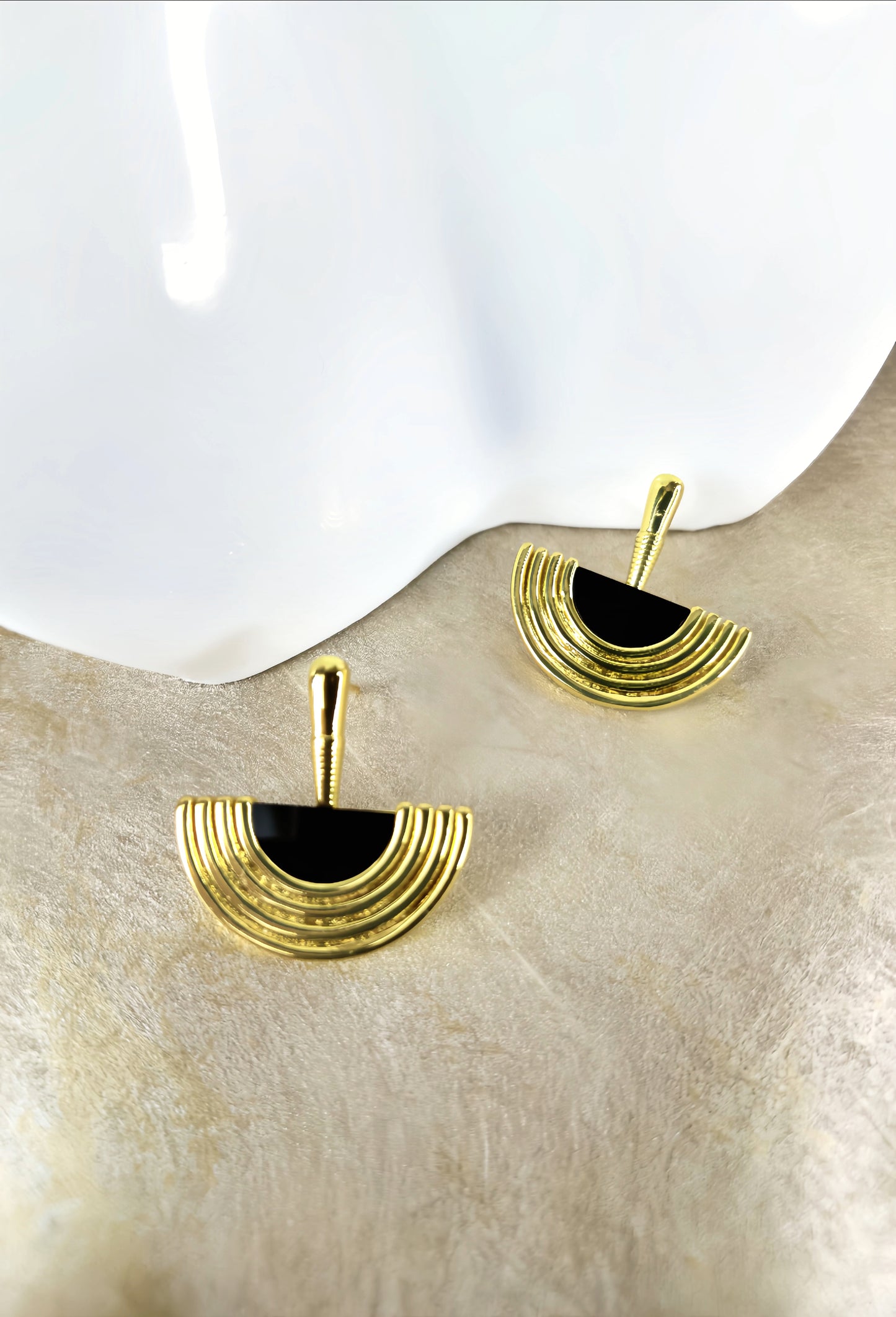 Golden with Black Enamel Scalloped Earring