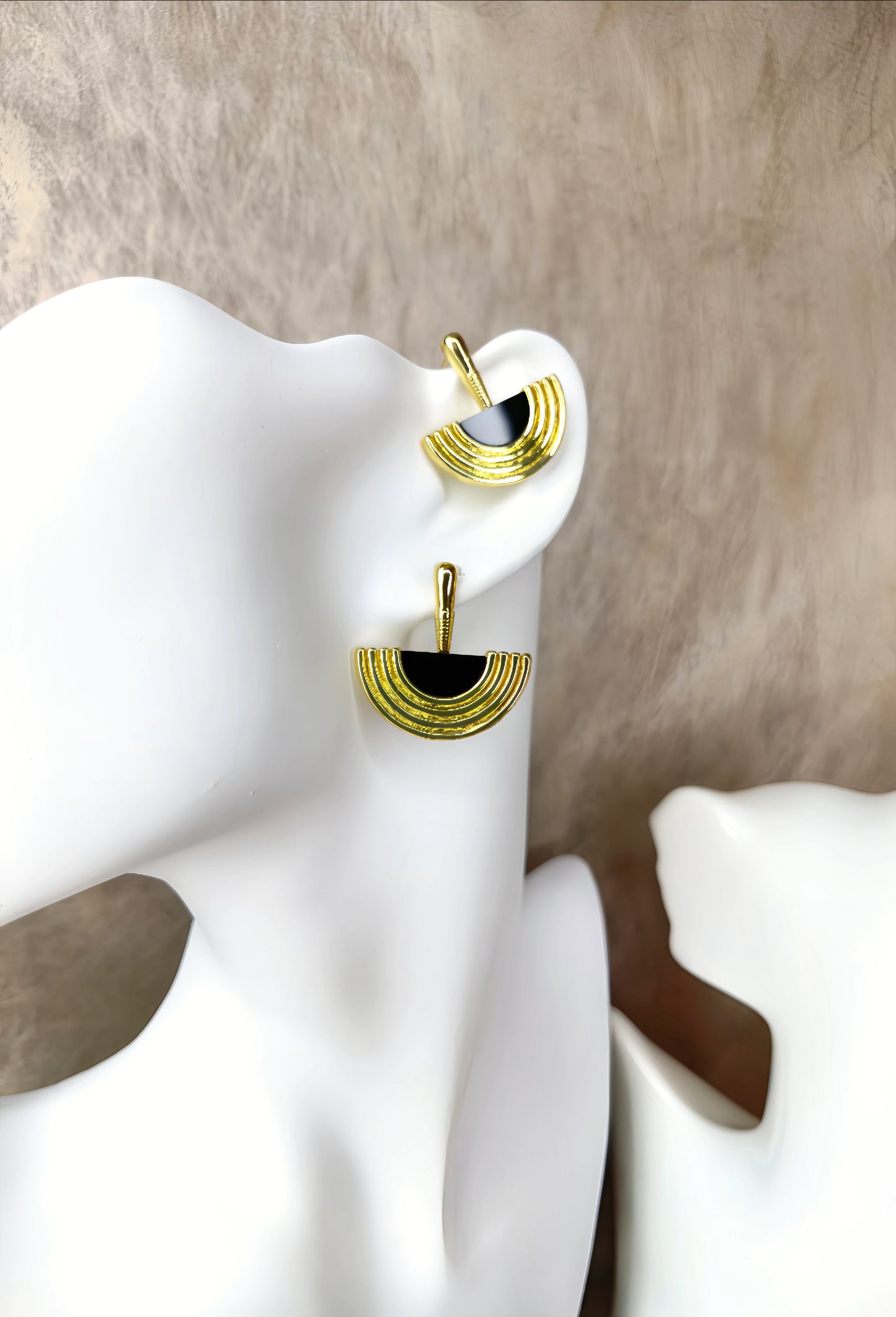 Golden with Black Enamel Scalloped Earring