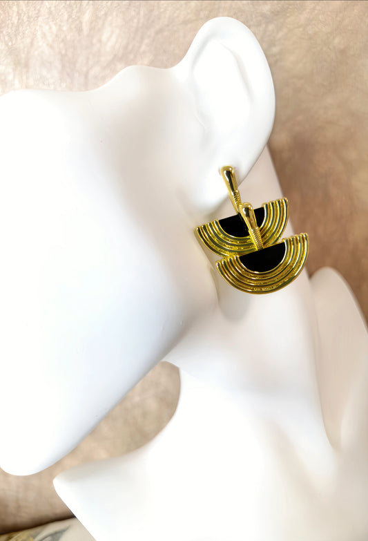 Golden with Black Enamel Scalloped Earring