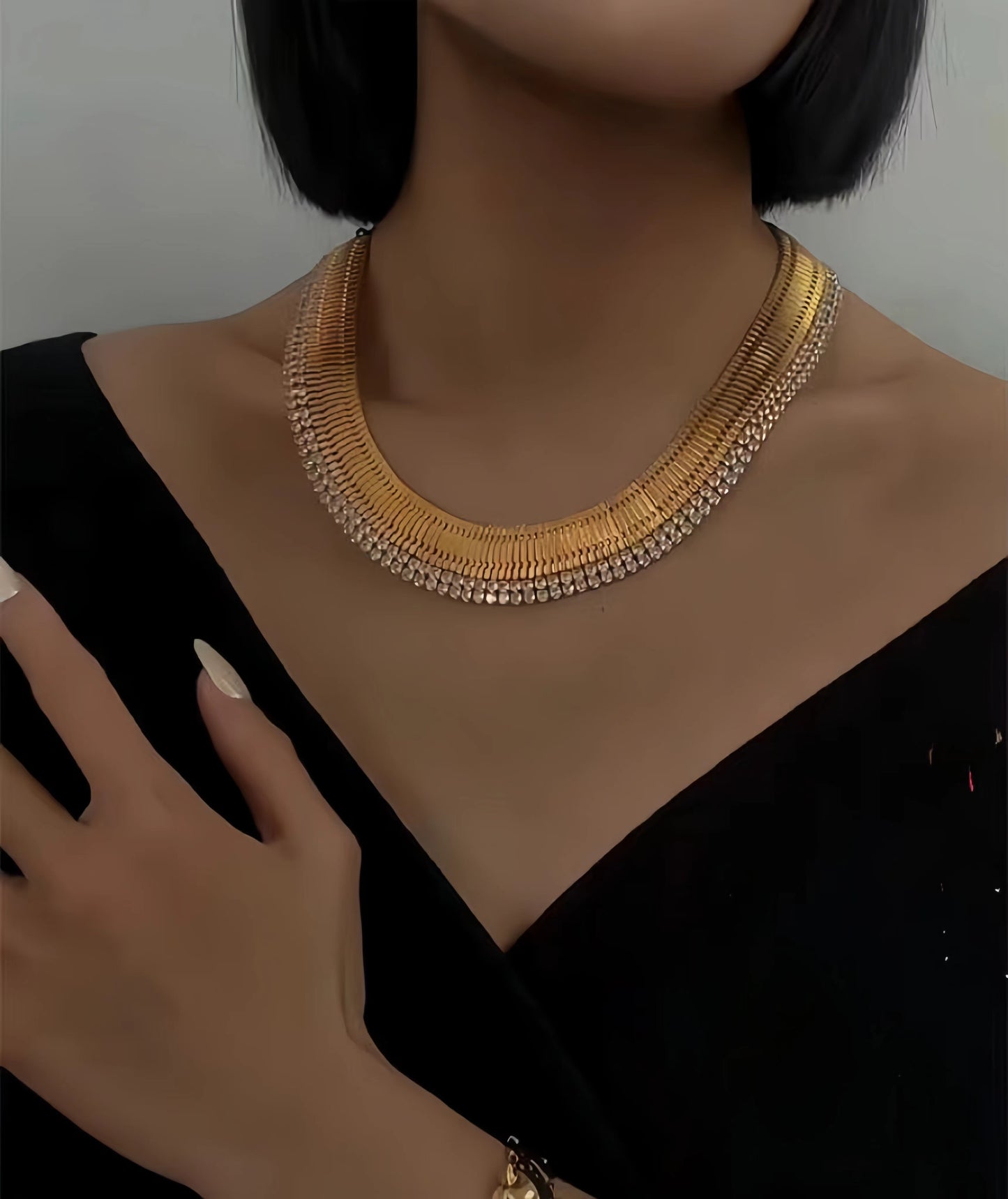 Golden Fashion Zircon Wide Necklace