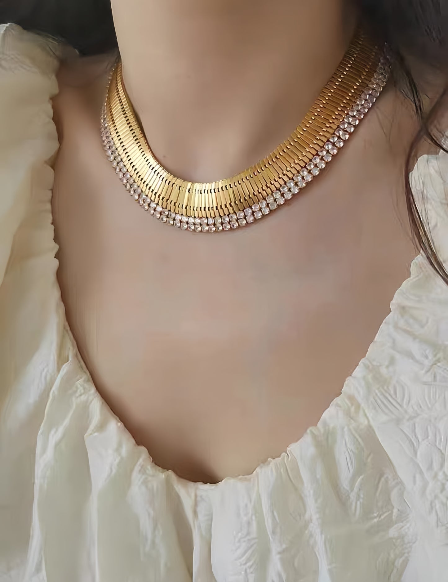 Golden Fashion Zircon Wide Necklace