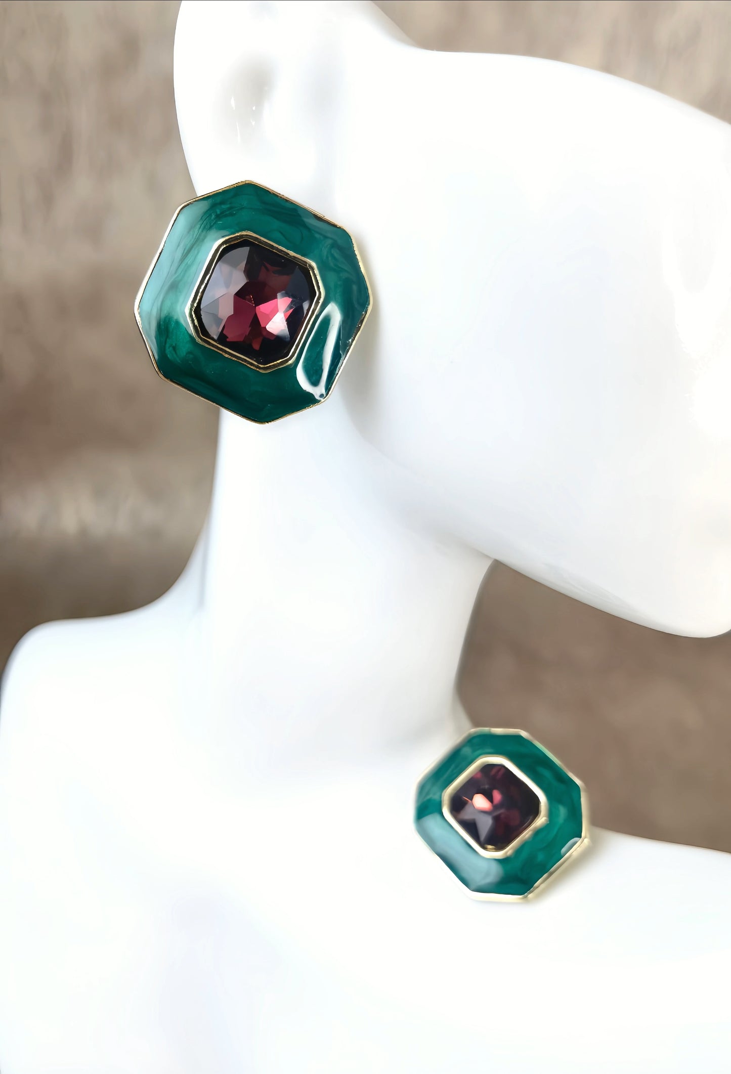 Green Enamel with Burgundy Red Glaze Earring