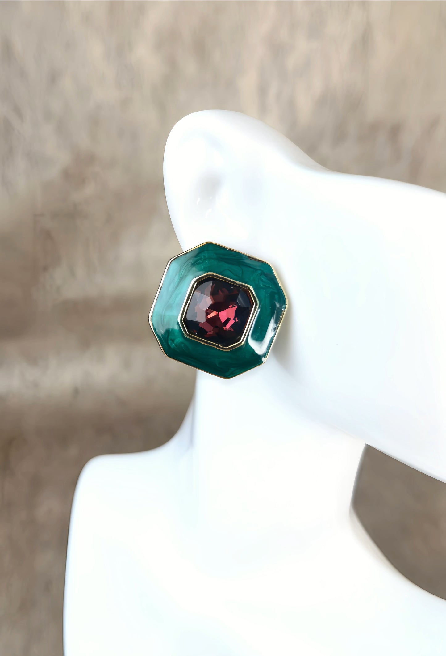 Green Enamel with Burgundy Red Glaze Earring