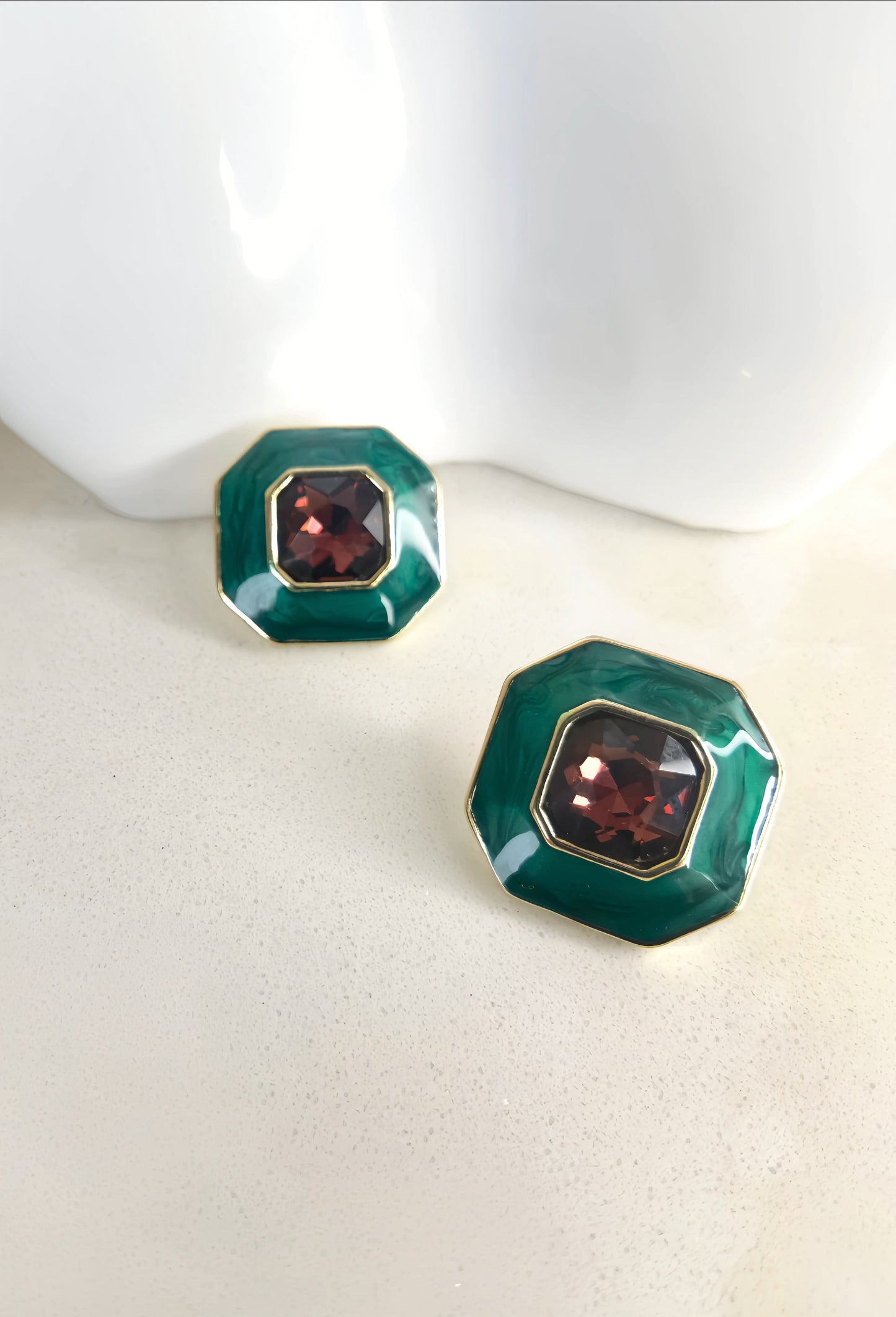 Green Enamel with Burgundy Red Glaze Earring