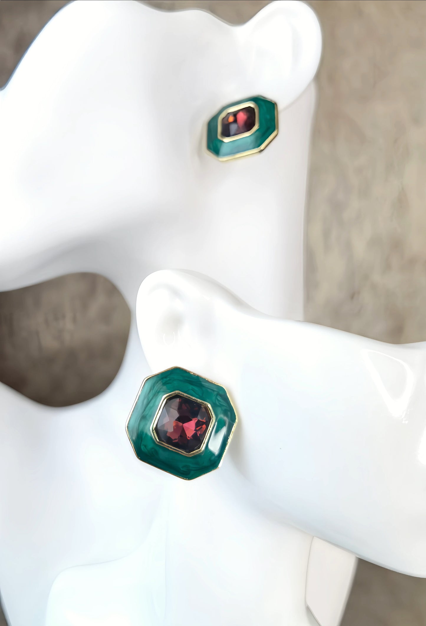 Green Enamel with Burgundy Red Glaze Earring