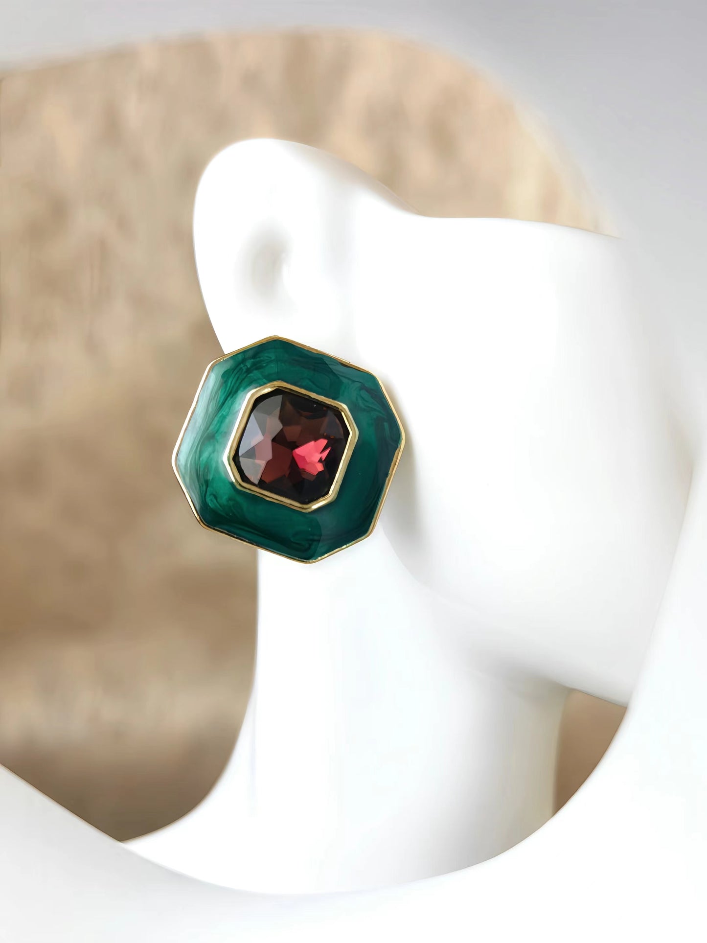 Green Enamel with Burgundy Red Glaze Earring