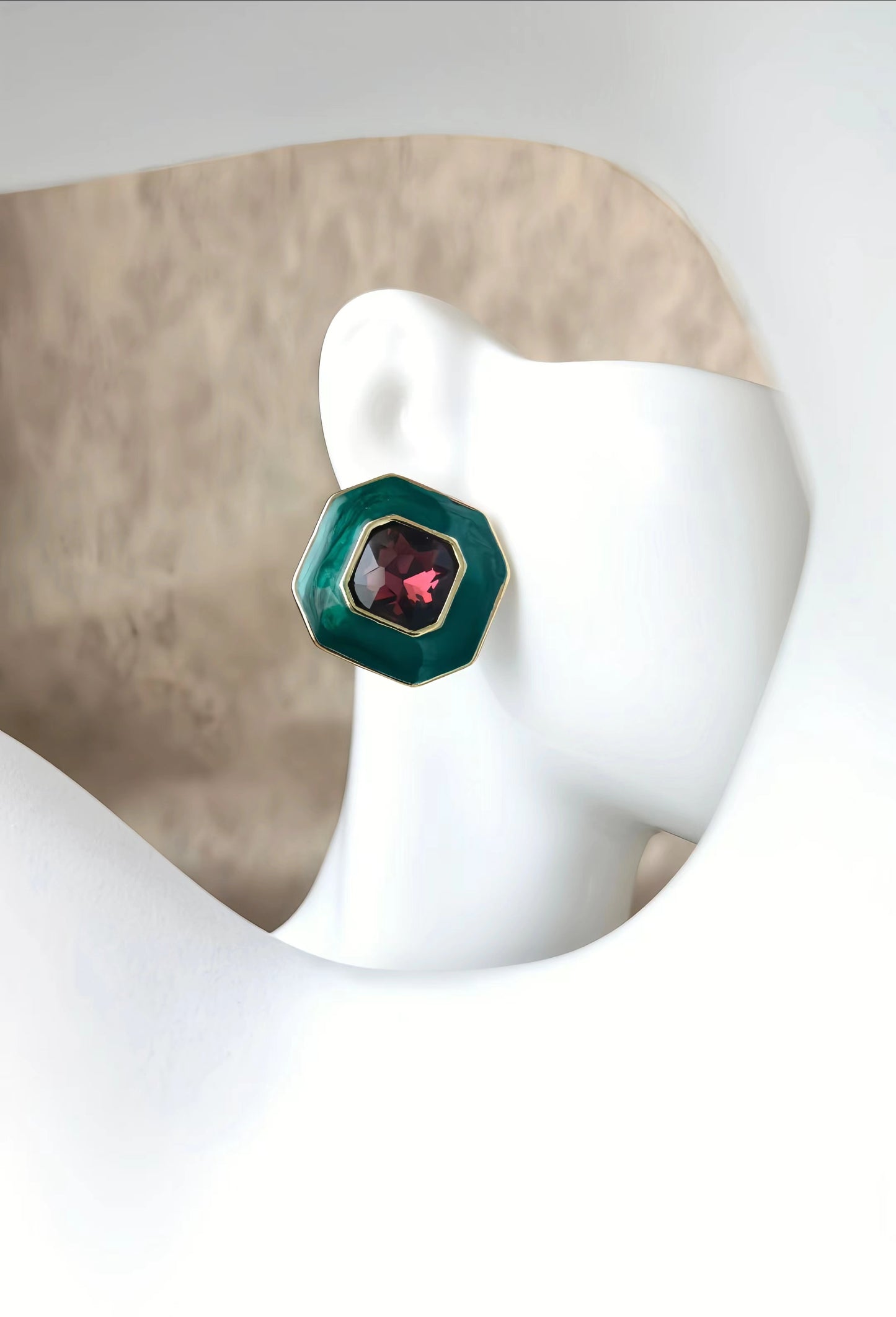 Green Enamel with Burgundy Red Glaze Earring