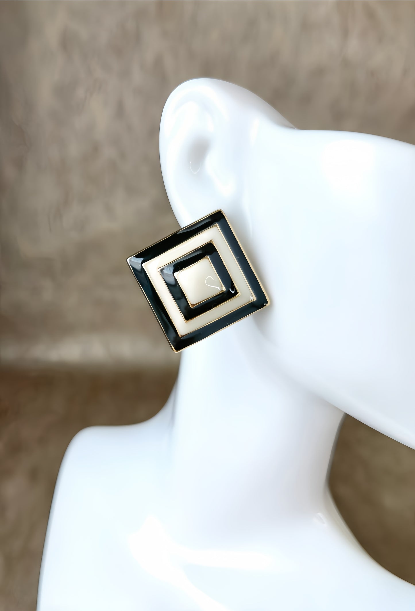 Black and Ivory Colored Enamel Earring (double loop design)