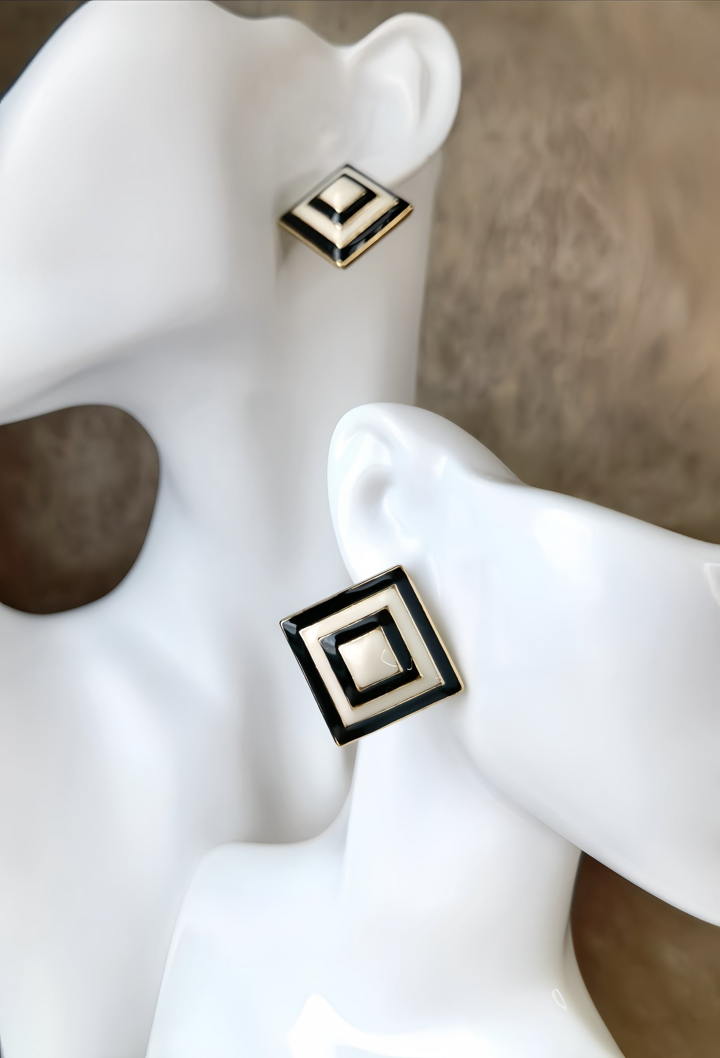 Black and Ivory Colored Enamel Earring (double loop design)