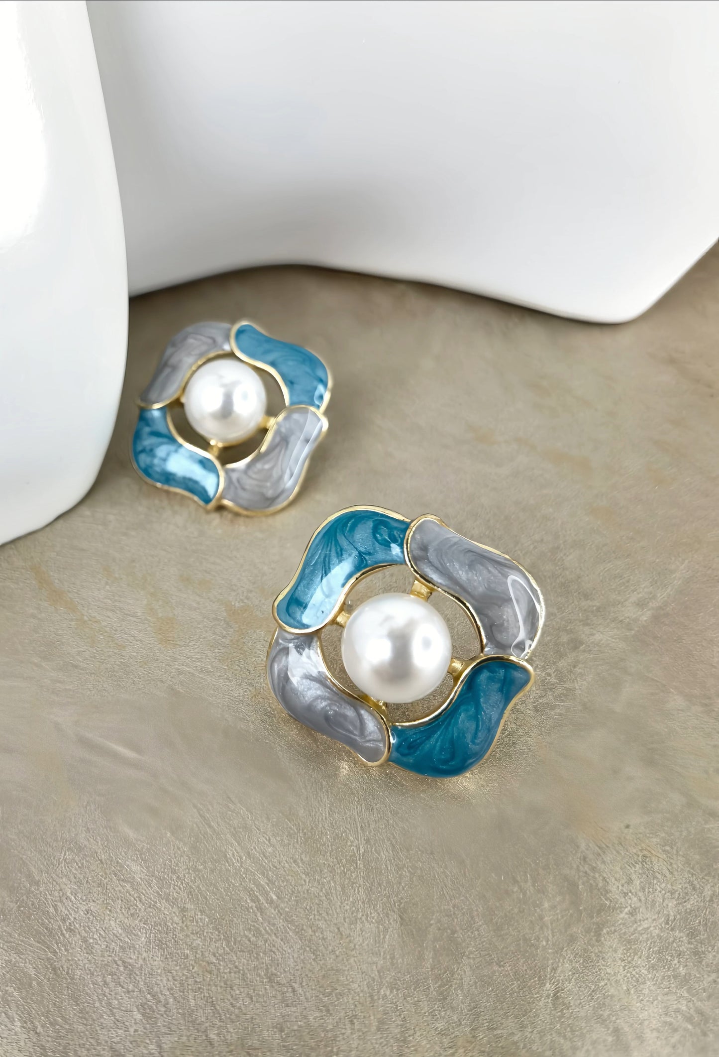 Blue Enamel Pearl Earrings