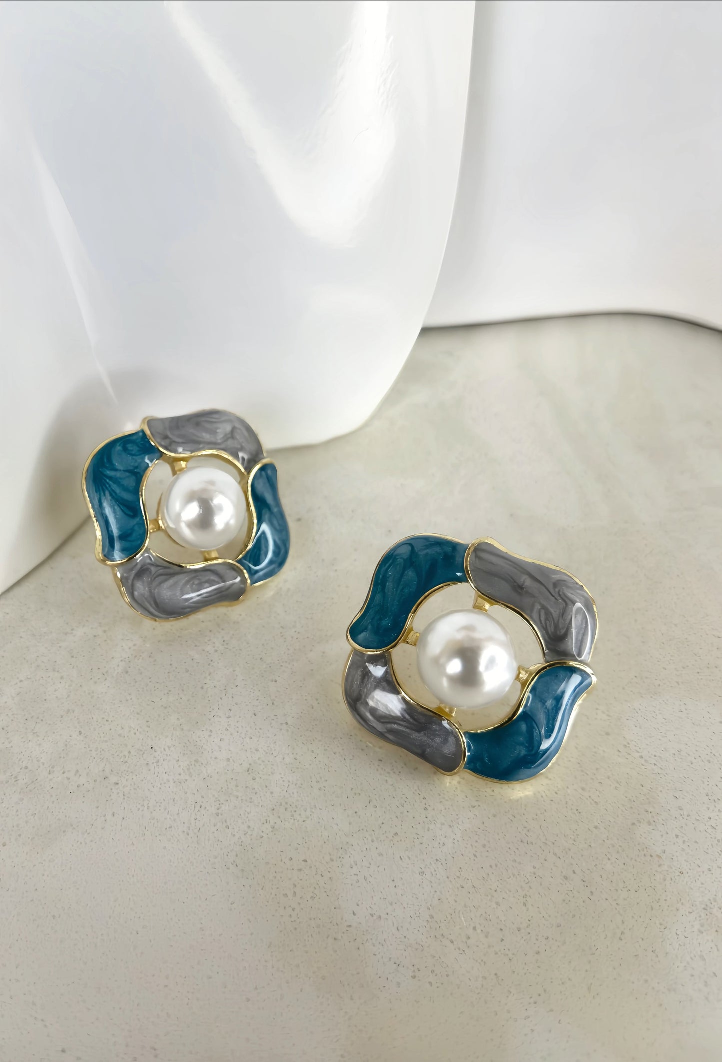 Blue Enamel Pearl Earrings