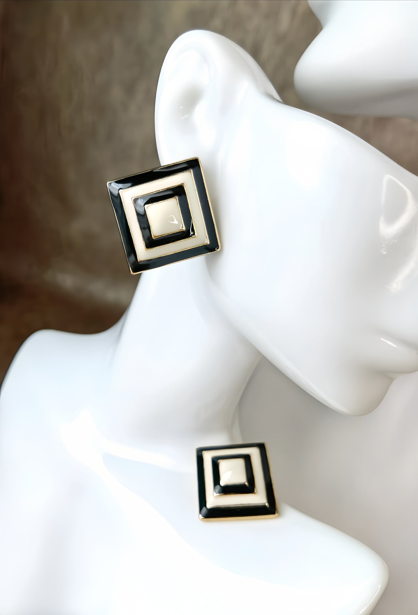 Black and Ivory Colored Enamel Earring (double loop design)