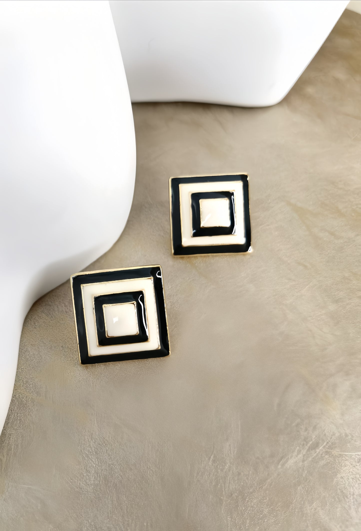 Black and Ivory Colored Enamel Earring (double loop design)